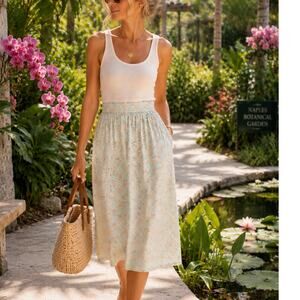 Vintage Sasson Tropical Palm Grid Midi Skirt Textured Aqua Peach Resort Small